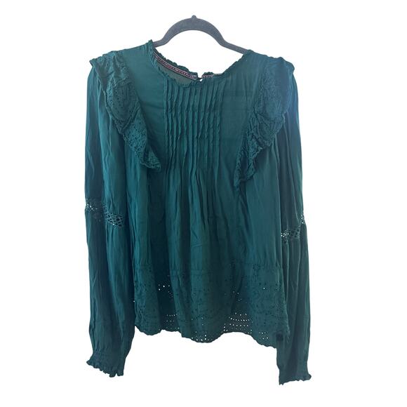 Knox Rose Boho Peasant Blouse Green Eyelet Lace Pintuck Long Sleeve XXL - Picture 1 of 6